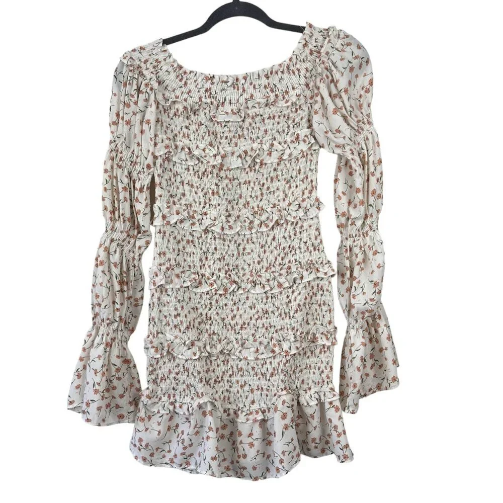 SABO SKIRT Shirred Lule Ruched Dress Sz S Floral Tiered Off The Shoulder Ruffle - Picture 3 of 14